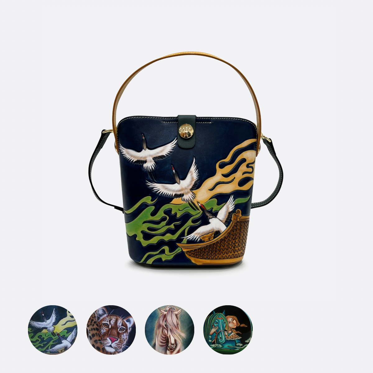 Women's genuine cowhide leather engraved Bucket bag design handbag