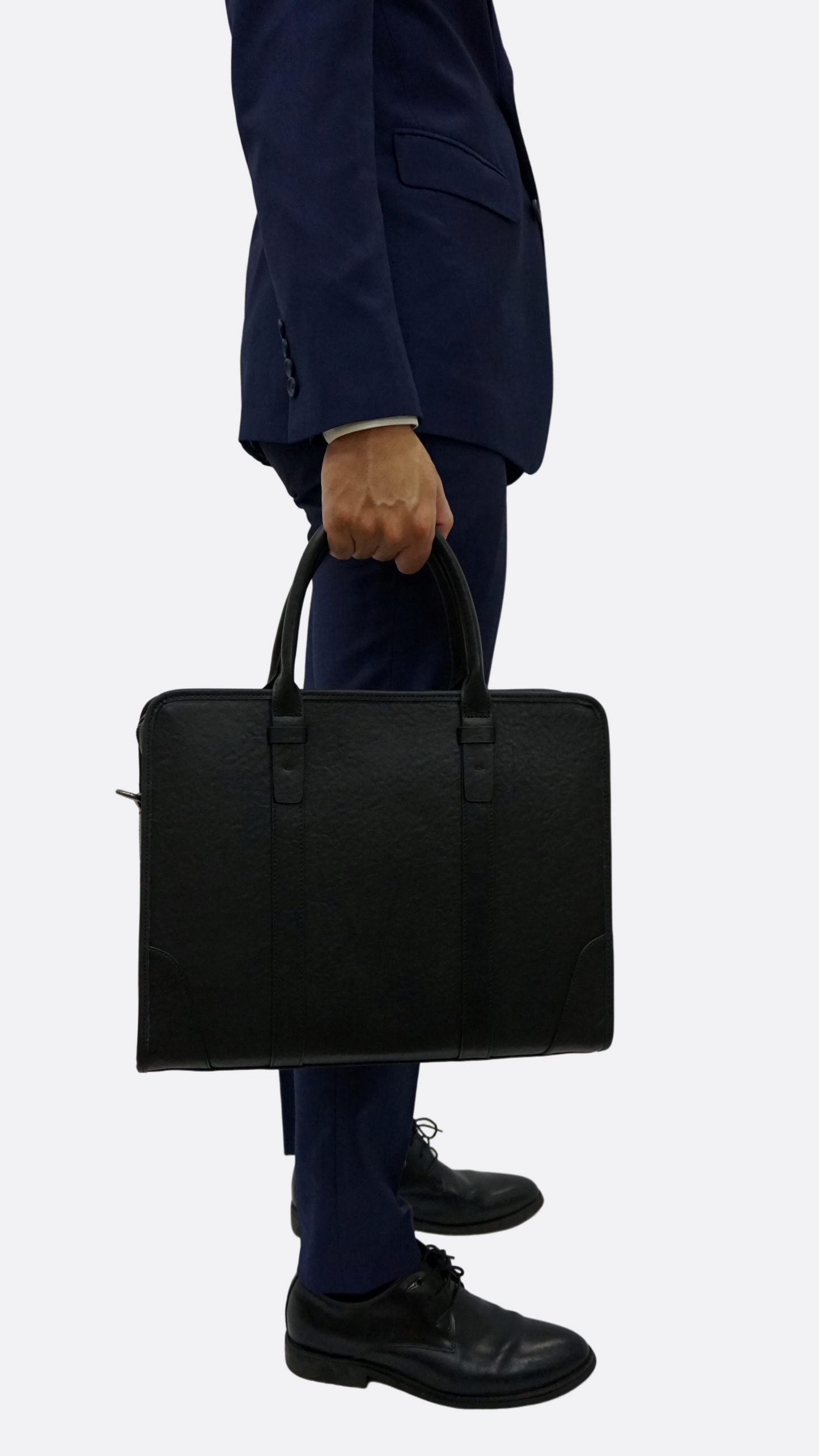 Unisex genuine cowhide leather briefcase double belt design with sling