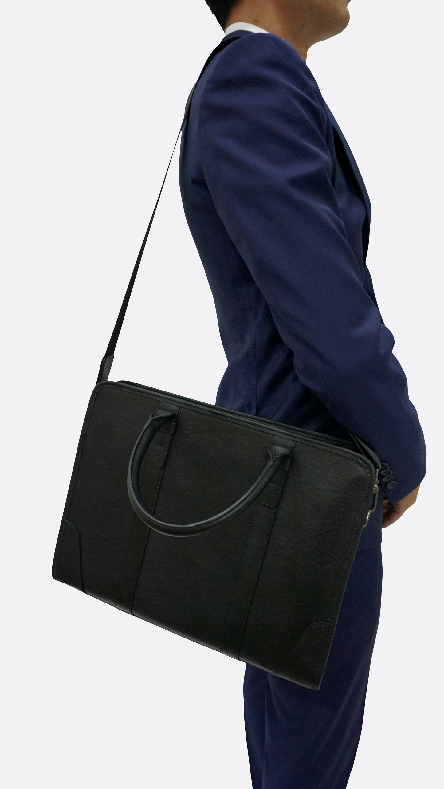 Unisex genuine cowhide leather briefcase double belt design with sling