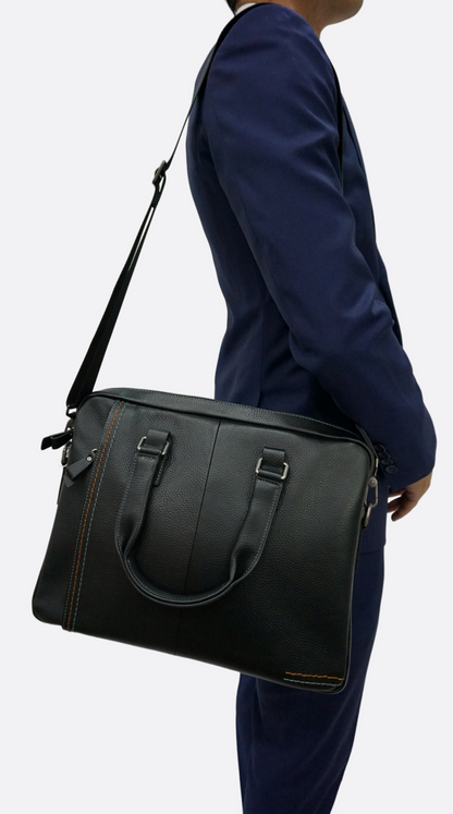 Unisex genuine cowhide leather top handle briefcase seam design