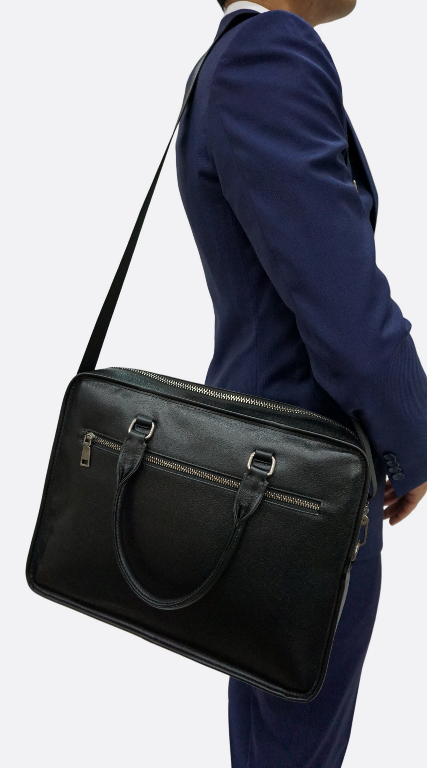 Unisex genuine cowhide leather travel briefcase zip design