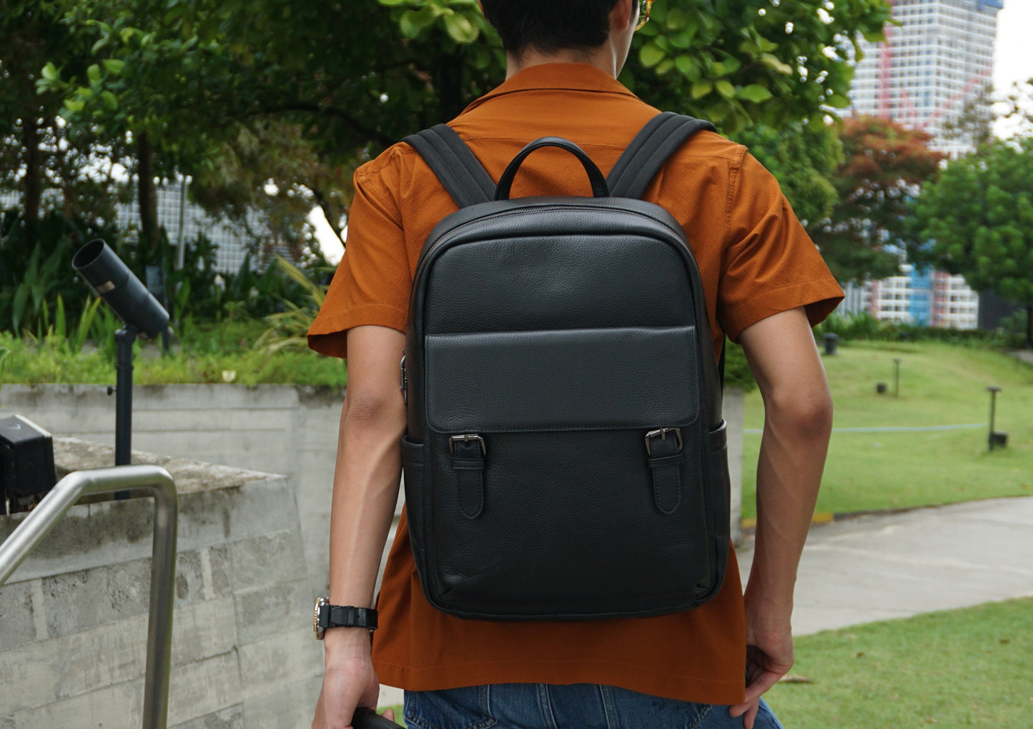 Unisex cowhide leather Torba design backpack with luggage/trolley sleeve