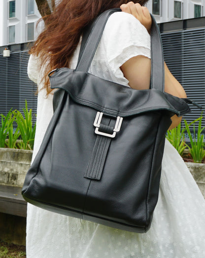Unisex genuine cowhide leather vertical tote handbag Cate design