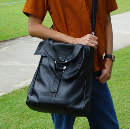 Unisex genuine cowhide leather vertical tote handbag Cate design