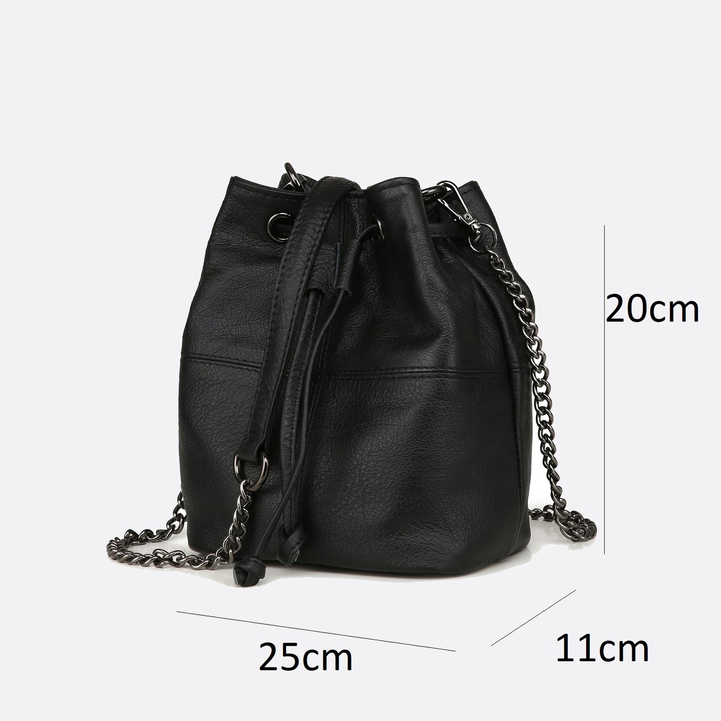 Women's genuine cowhide leather mini bucket bag with 2 straps