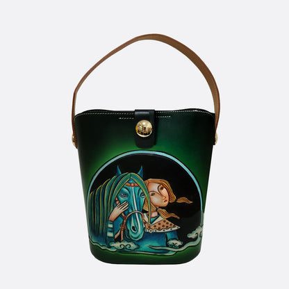 Women's genuine cowhide leather engraved Bucket bag design handbag