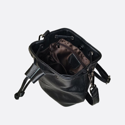 Women's genuine cowhide leather mini bucket bag with 2 straps