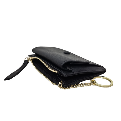 Women's cowhide leather short wallet/pouch/card holder Button design with zip and keychain ring