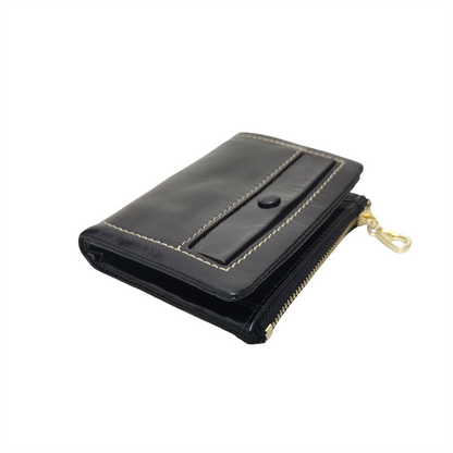 Women's genuine waxed cowhide leather short wallet coin pouch / card holder Button design with zip