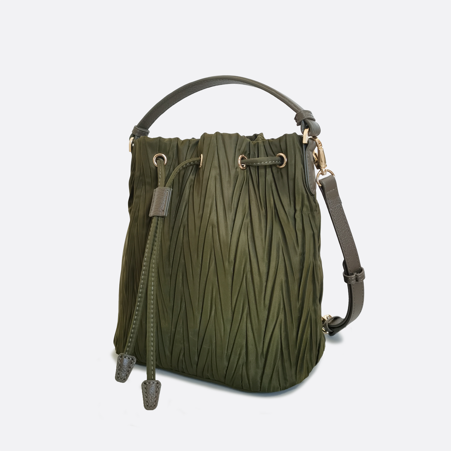Women's nylon mix genuine cowhide leather bucket bag
