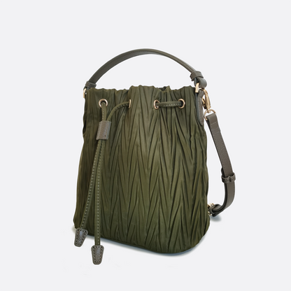 Women's nylon mix genuine cowhide leather bucket bag