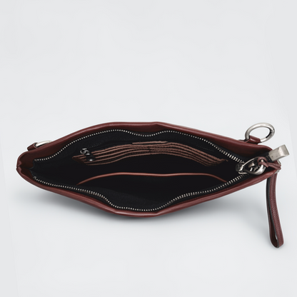 Unisex genuine cowhide leather two way clutch with sling and wrist strap