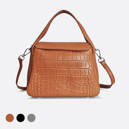 Women's genuine cowhide leather handbag Mori design with crocodile print