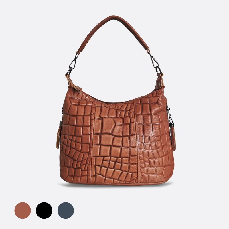 Women's genuine cowhide leather handbag Bora design with embossed crocodile print