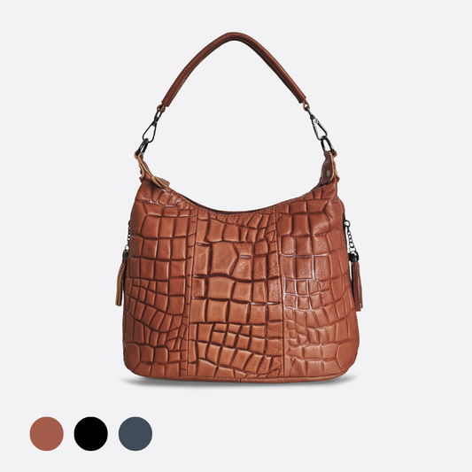 Women's genuine cowhide leather handbag Bora design with embossed crocodile print