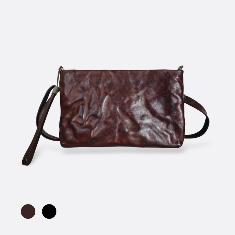 Unisex genuine cowhide leather two way clutch with sling and wrist strap