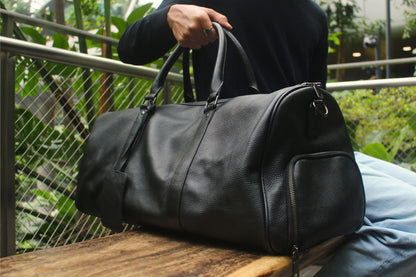 Unisex Women's and Men's genuine cowhide leather duffel travel bag barrel design