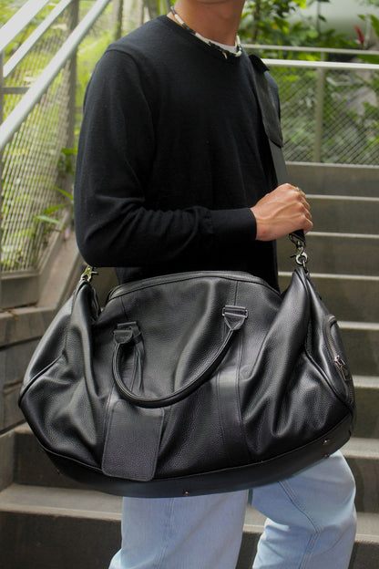 Unisex Women's and Men's genuine cowhide leather duffel travel bag barrel design