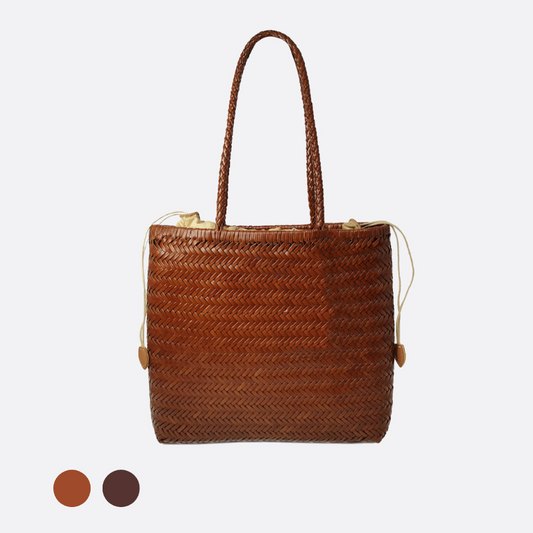 Women's handwoven genuine cowhide leather handbag Square tote