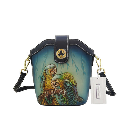 Women's genuine cowhide leather engraved Bucket bag V2 with 2 straps