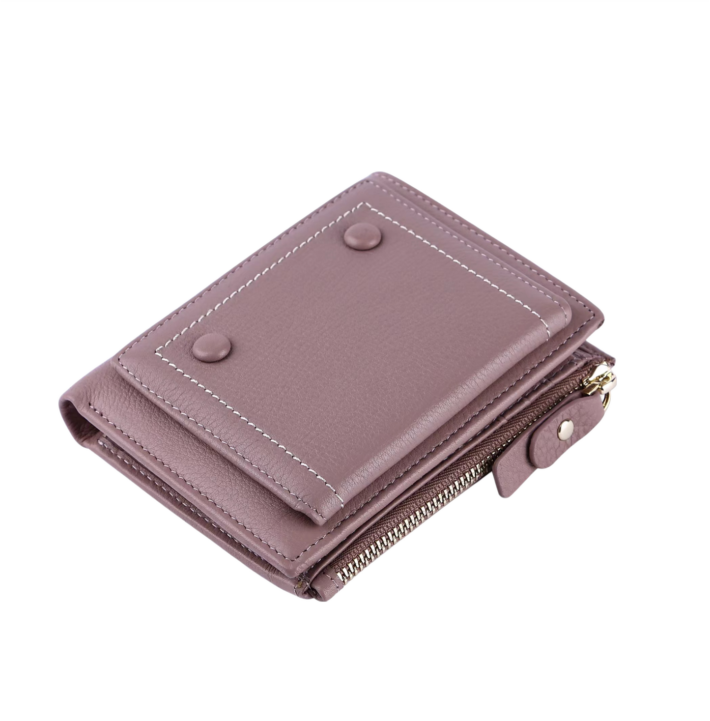 Women's genuine cowhide leather short wallet coin pouch / card holder Flap design with zip