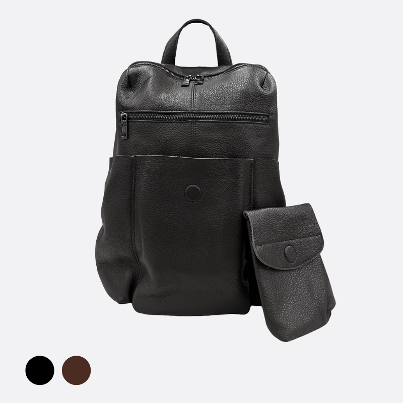Unisex cowhide leather backpack Snap design with strap pouch