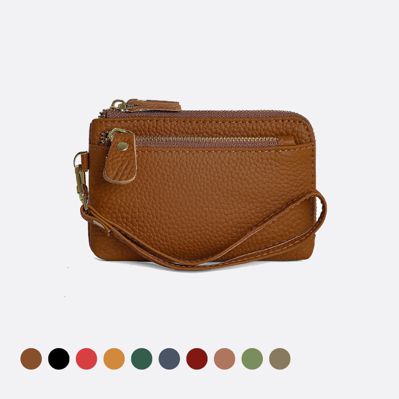 Women's genuine cowhide leather card holder/ short pouch Triple zip design