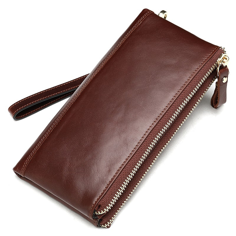 Women's and Men's unisex cowhide leather folded double zip wallet