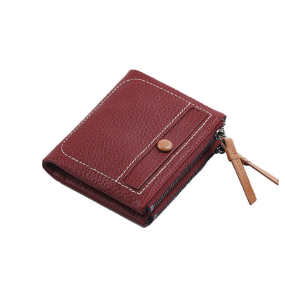 Women's genuine cowhide leather short wallet coin pouch / card holder Button design with zip