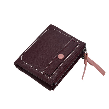 Women's genuine cowhide leather short wallet coin pouch / card holder Button design with zip