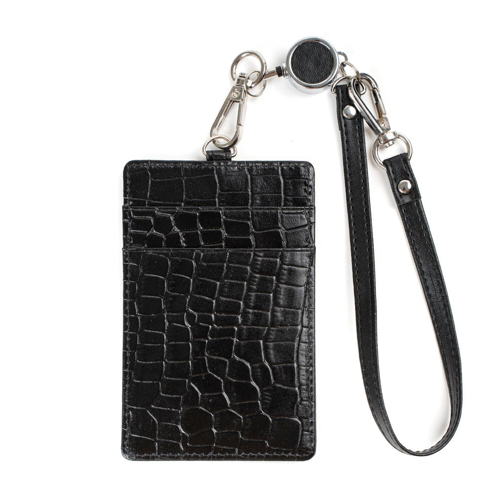 Unisex genuine cowhide leather lanyard with card slots and straps