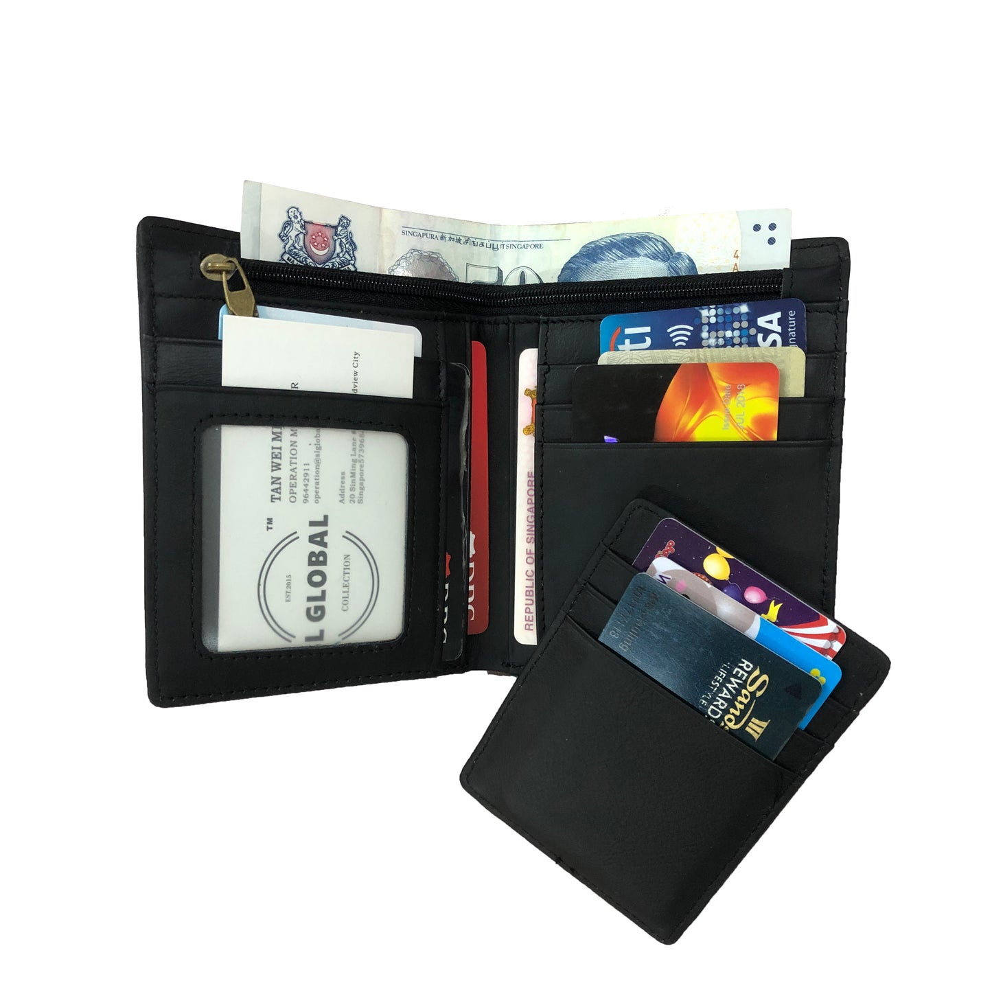 Women's and Men's unisex cowhide leather vertical flap wallet with additional card slot insert