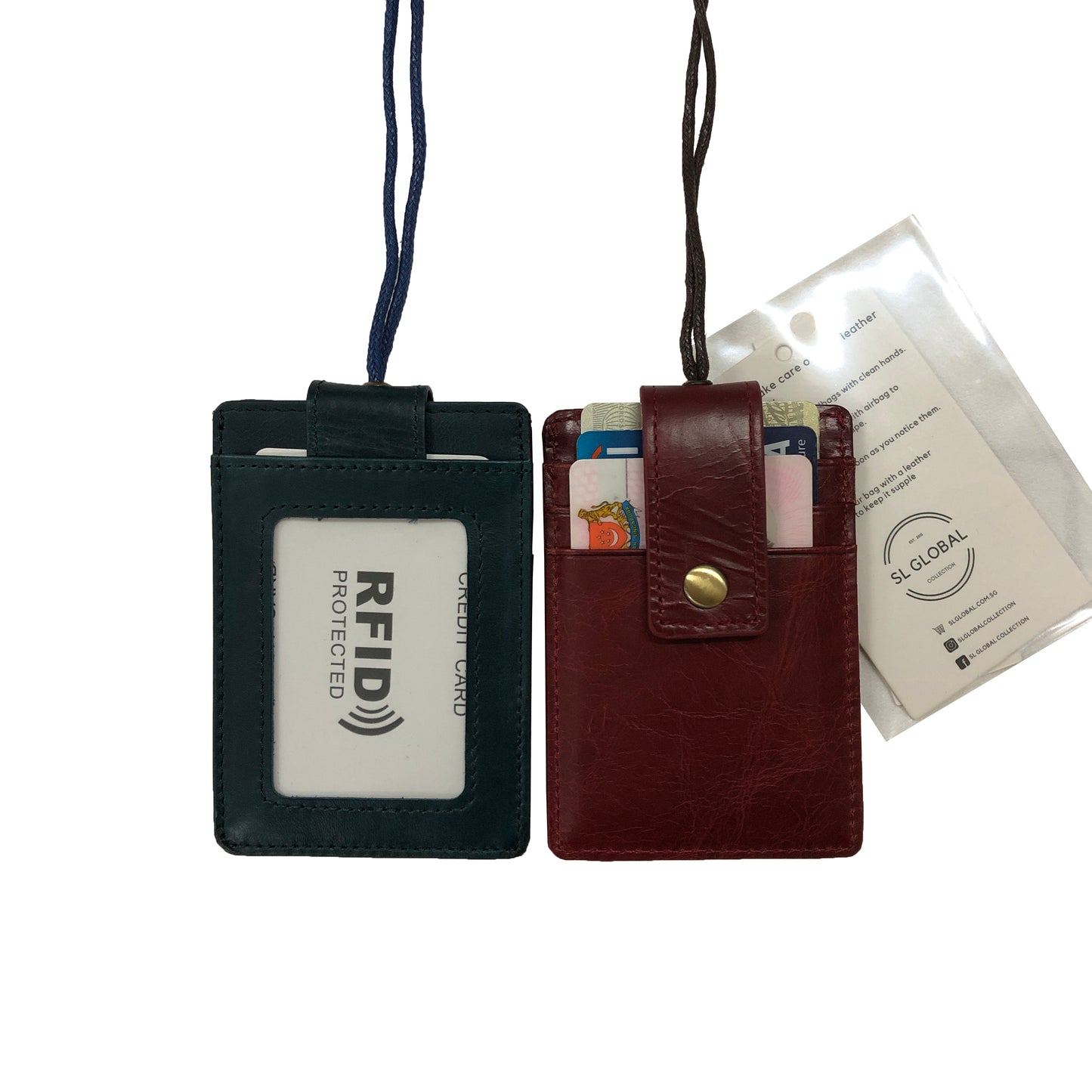 Unisex genuine cowhide leather buckle design lanyard with RFID protection and card slots