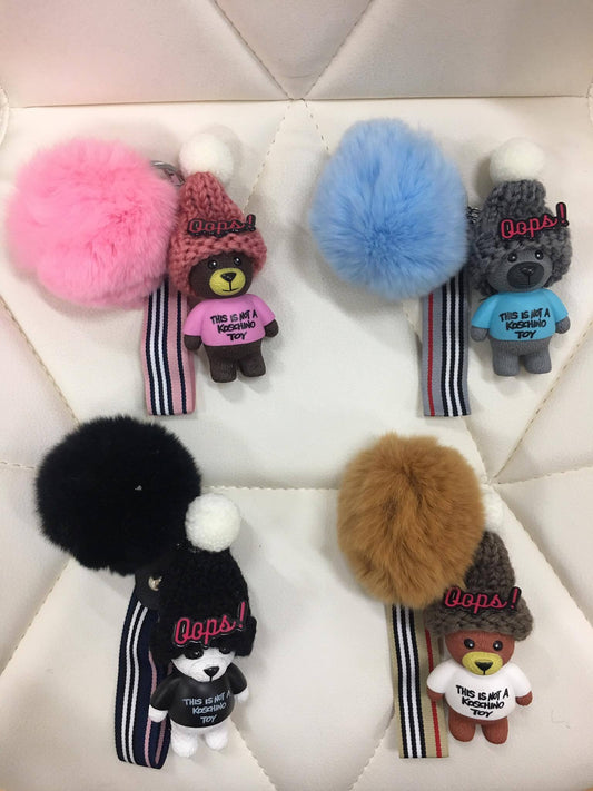 Beanie bear with fur ball bag charm by Tomorrow Closet