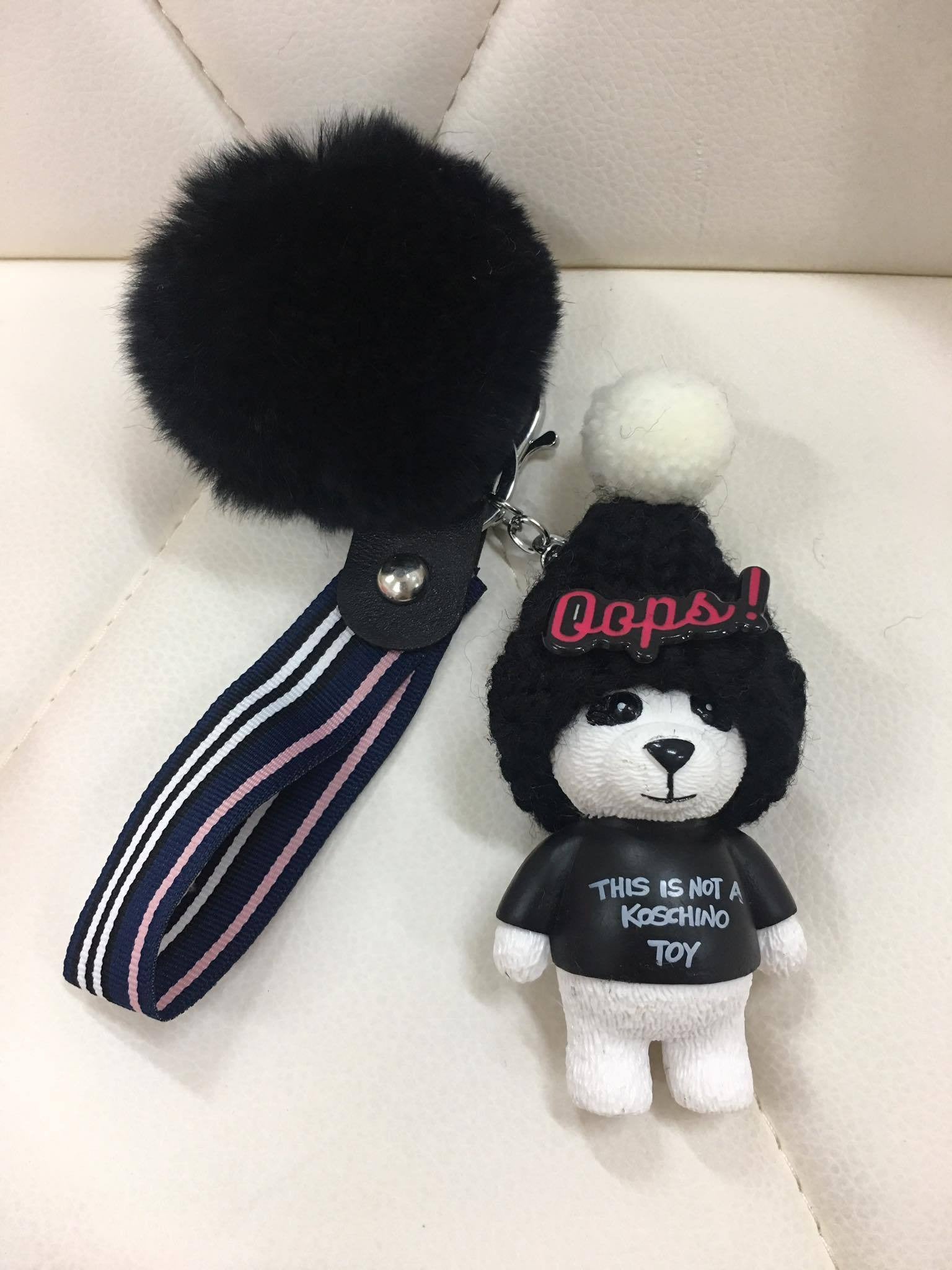 Beanie bear with fur ball bag charm by Tomorrow Closet