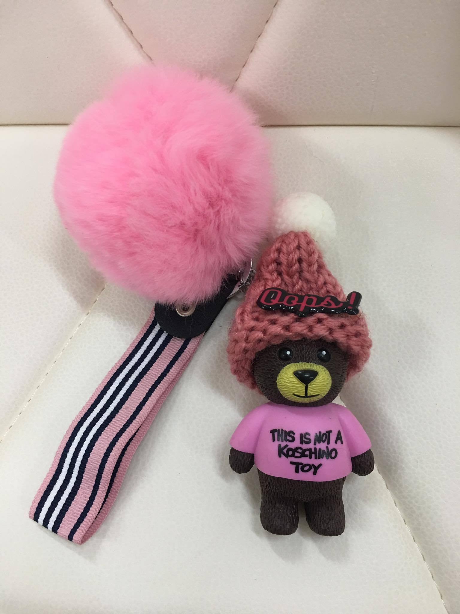 Beanie bear with fur ball bag charm by Tomorrow Closet