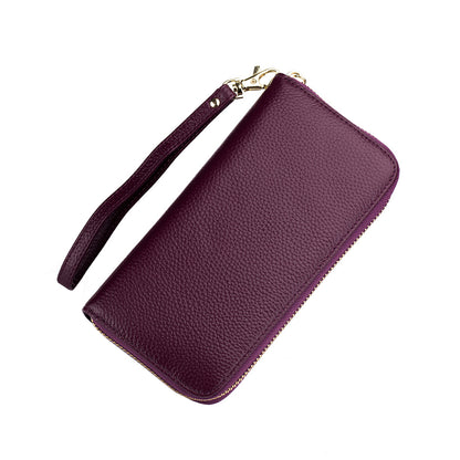Women's genuine cowhide leather long wallet with tassel and wrist strap