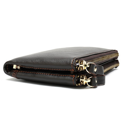 Women's and Men's unisex cowhide leather folded double zip wallet