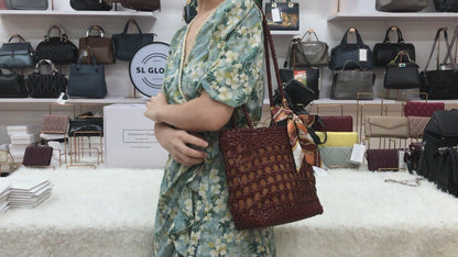Women's genuine cowhide leather handbag Woven Basket design