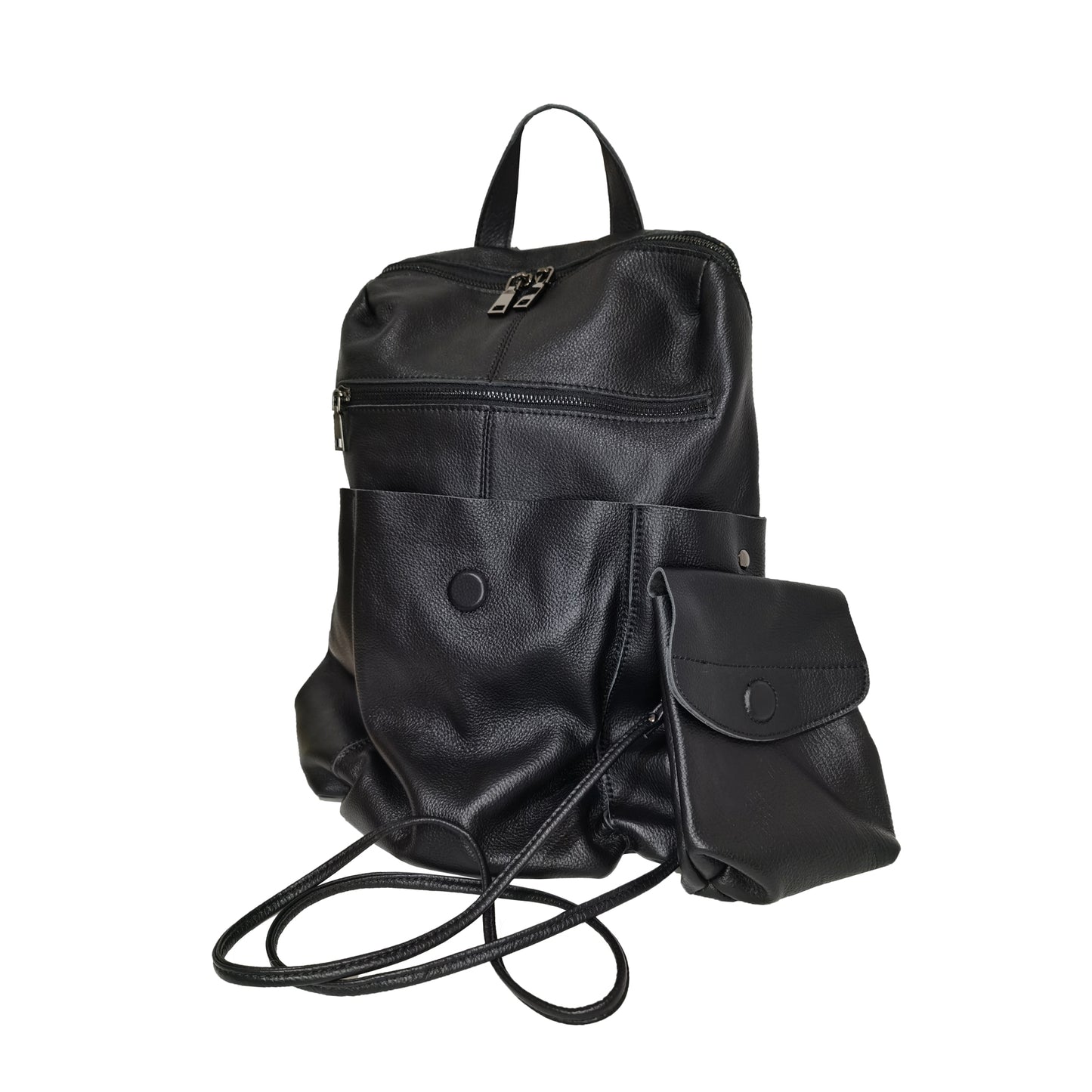 Unisex cowhide leather backpack Snap design with strap pouch