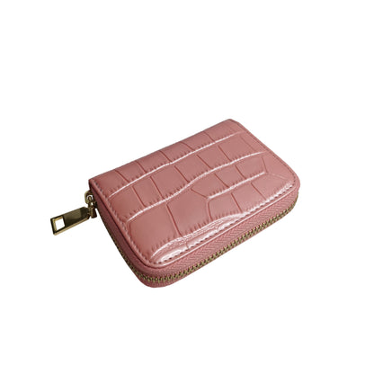 Women's genuine cowhide leather card holder in glossy crocodile print