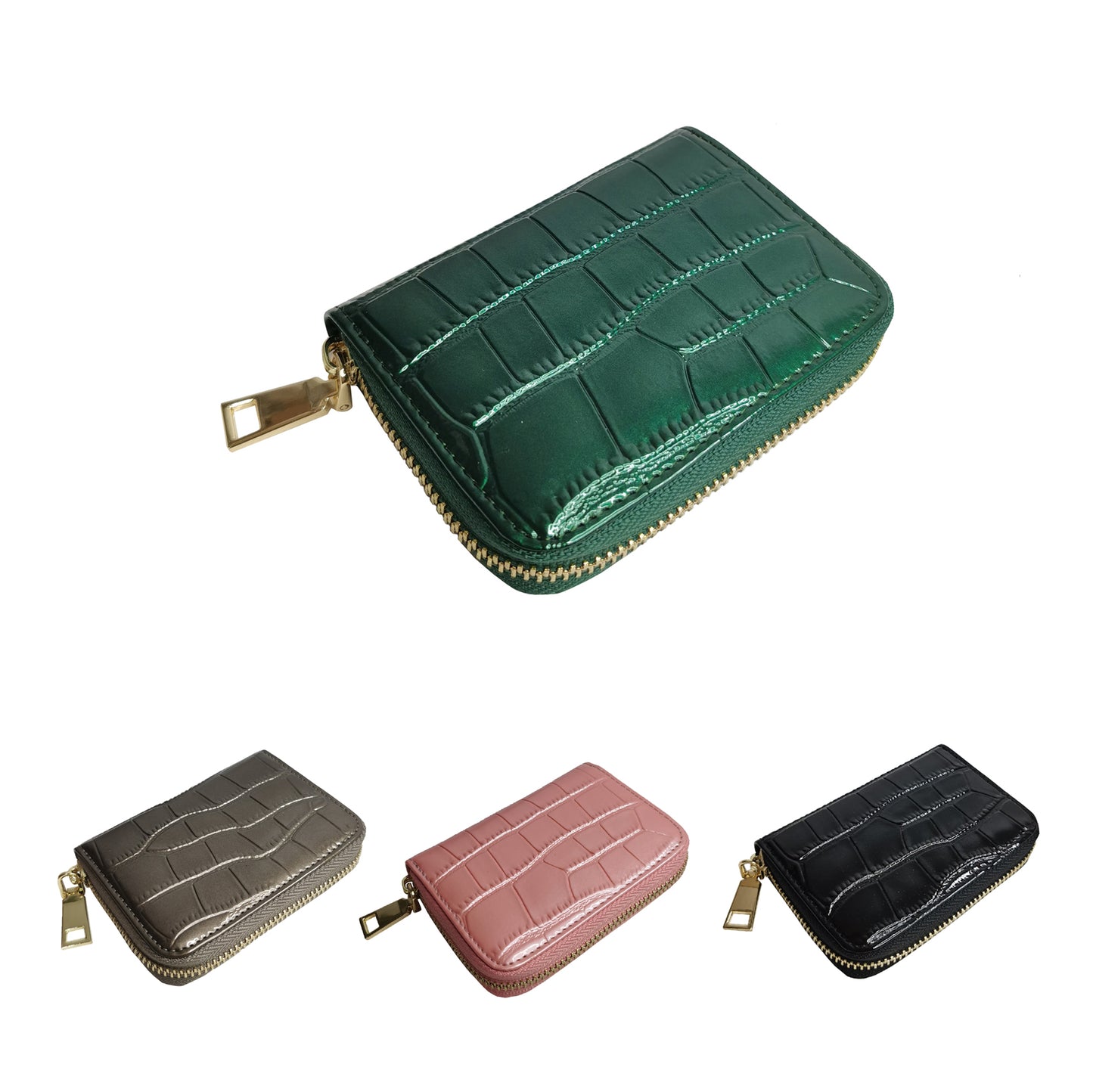 Women's genuine cowhide leather card holder in glossy crocodile print