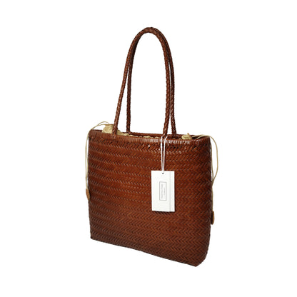 Women's handwoven genuine cowhide leather handbag Square tote