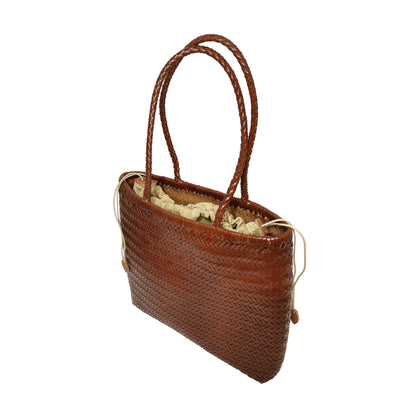 Women's handwoven genuine cowhide leather handbag Square tote