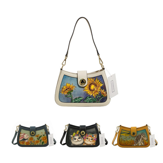 Women's genuine engraved cowhide leather handbag Ingot V3 design with 2 straps