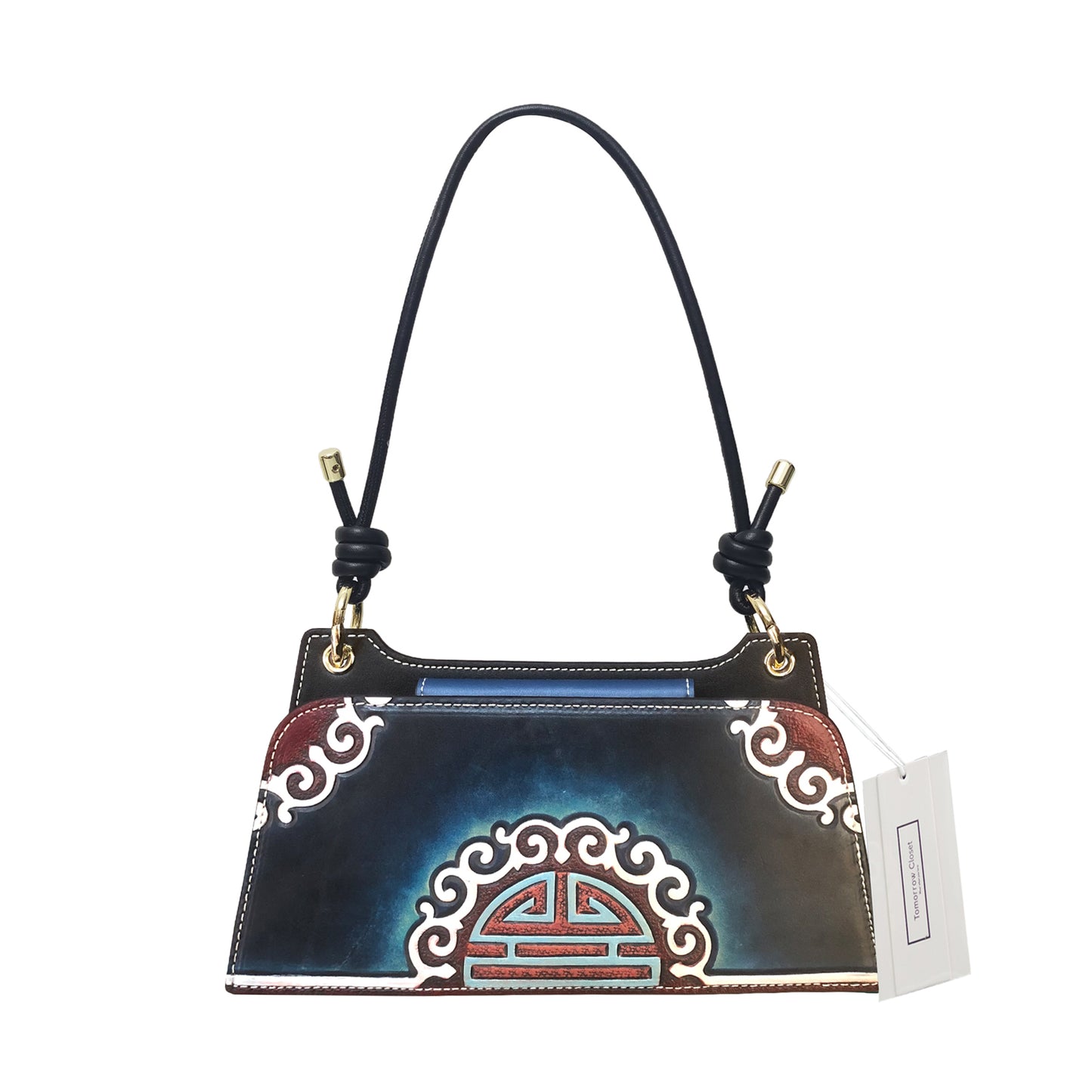 Women's genuine engraved cowhide leather handbag Ingot design