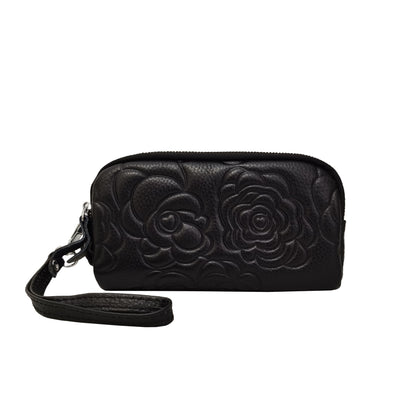 Women's cowhide leather floral pouch with triple zip