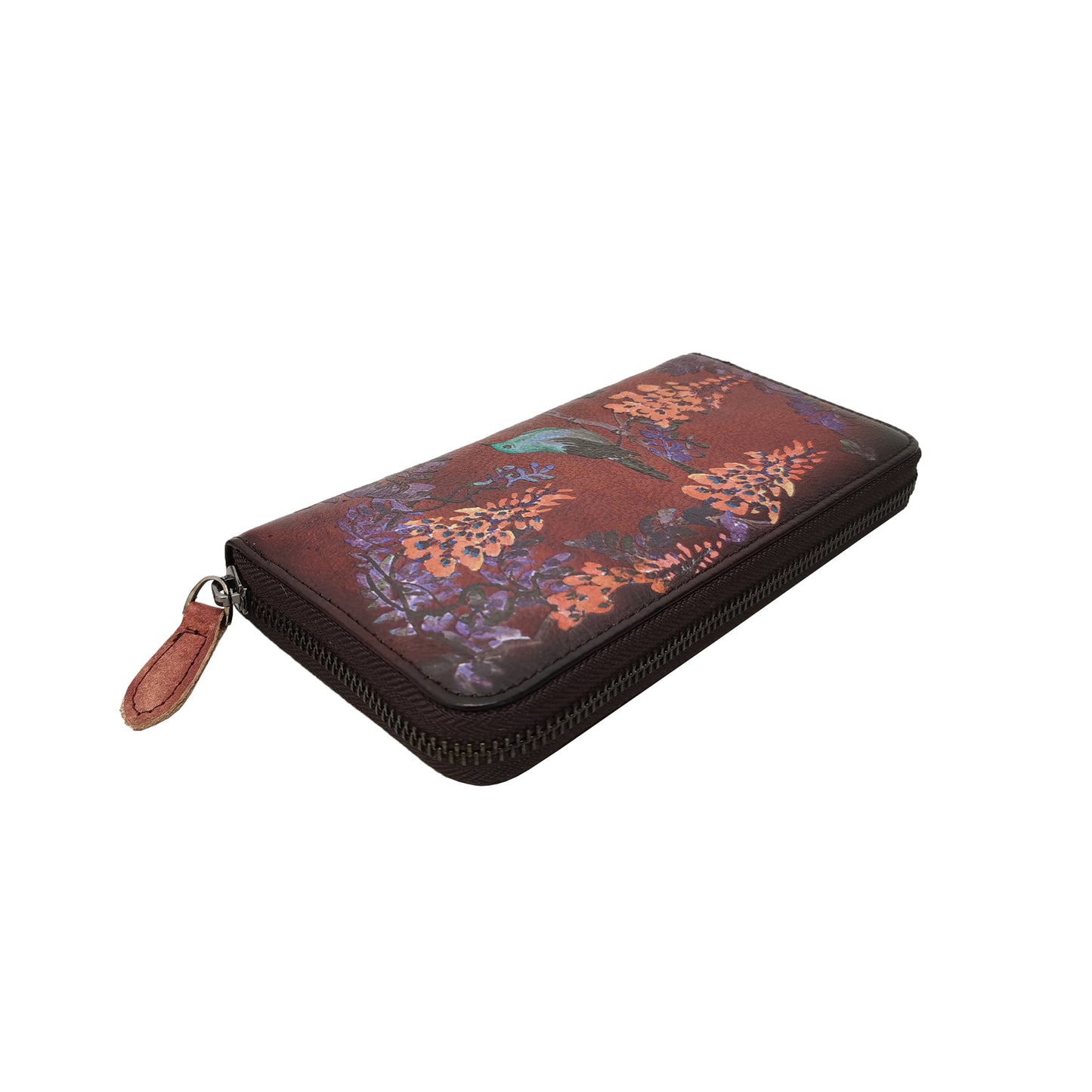 Women's genuine cowhide leather Painting design long wallet with wrist strap