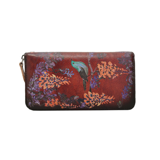 Women's genuine cowhide leather Painting design long wallet with wrist strap