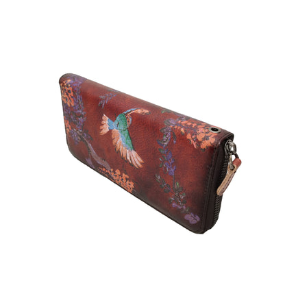 Women's genuine cowhide leather Painting design long wallet with wrist strap